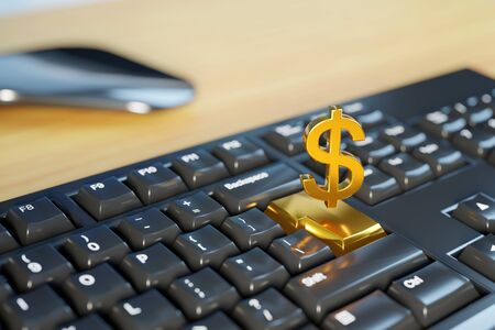 Making money online from home. Golden dollar sign floating over computer keyboard. Digital 3D render...