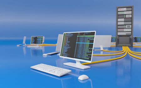 Server workstation, desktop computer and server infrastructure on blue background. Digital 3D render concept.の写真素材