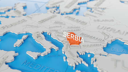 Serbia highlighted on a white simplified 3D world map. Digital 3D render.の写真素材