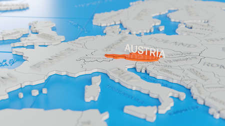 Austria highlighted on a white simplified 3D world map. Digital 3D render.の写真素材