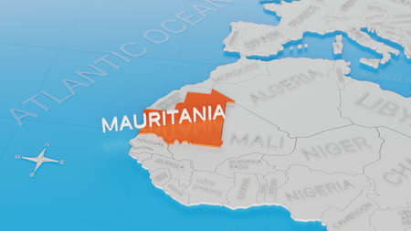 Mauritania highlighted on a white simplified 3D world map. Digital 3D render.の写真素材