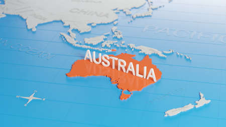 Australia highlighted on a white simplified 3D world map. Digital 3D render.の写真素材