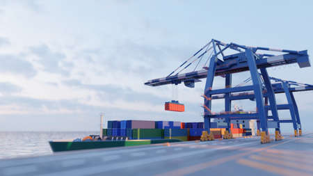 Port cranes loading containers on a cargo ship at the port. Tilt-shift effect. Digital 3D render,...