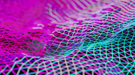 Purple and cyan neon grid. Futuristic wireframe, network concept with cyberpunk aesthetic. Digital...