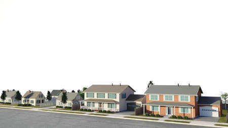 Suburban real estate concept with white background. High income housing. fancy neighborhood. Digital 3D render.の写真素材