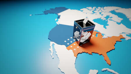 US elections, ballot box with voting envelope over a map of USA. Abstract concept background with...