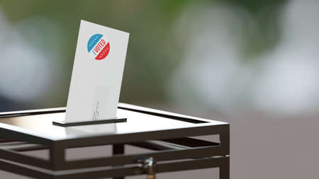 US elections, voting by mail. Envelope with a sticker reading I voted, in a ballot box with negative...