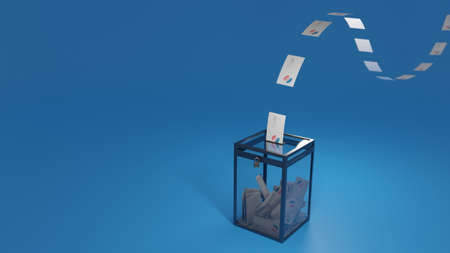 US elections, ballot box with flying envelopes. Voting by mail, abstract concept background. Digital 3D render.の写真素材