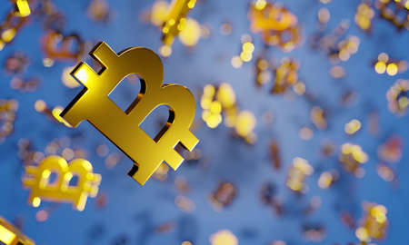 Crypto gambling concept background. Golden bitcoin sign, lucky jackpot winner. Digital 3D render.の写真素材