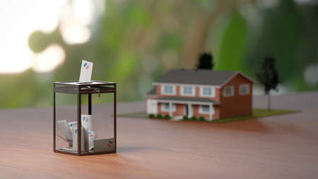 US elections, real estate business. Ballot box and a fancy suburban house in the background. Digital 3d render.の写真素材