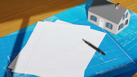 House building and planning, real estate investment concept. Small suburban house with blueprints and blank page for copy space. Digital 3D render.の写真素材