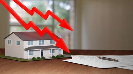 Real estate market crash, panic, falling prices. Fancy suburban house with falling red arrow....