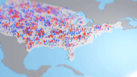 Red and blue simple human figures over a US map, representing republican and democratic voters. Digital 3D render.の写真素材