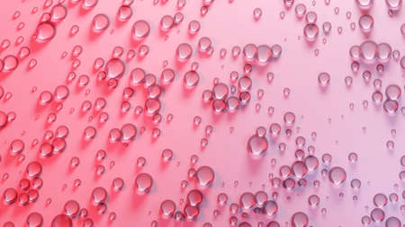 Shiny clear droplets on a pastel pink surface. Fresh, feminine concept background. Digital 3D...
