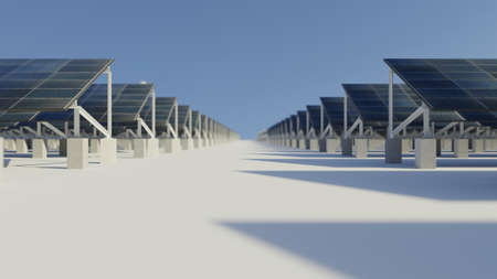 Array of solar energy panels. Clean energy, modern technology concept. Digital 3D render.