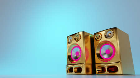 Golden bling loudspeakers on light blue background. Pop music, party, hip hop culture. Digital 3D render.の写真素材