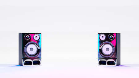 High fidelity stereo loudspeakers on white background and neon lights. Digital 3D render.の写真素材
