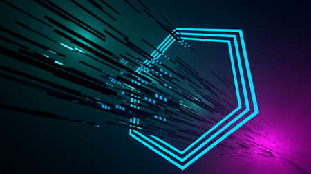 Futuristic tunnel, hexagons with neon lights. Synthwave aesthetic. Digital 3D render.の写真素材