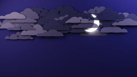 Moon shining through heavy clouds on dark purple sky. Flat, papercut design digital render.の写真素材