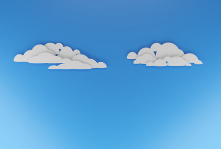 Puffy clouds on blue sky, in flat papercut design. Digital render.の写真素材