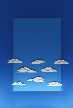Puffy clouds on blue sky, template in flat papercut design. Digital render.の写真素材