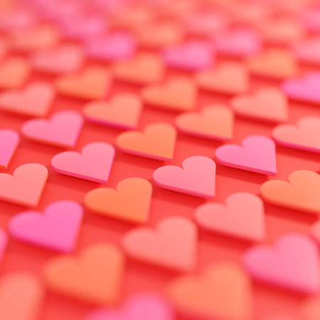Red and pink hearts in a repeating pattern on red  background with subtle shadows. Digital render.の写真素材