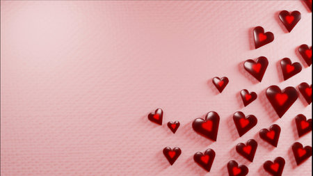 Valentine's day, anniversary concept background. Translucent shiny red hearts on soft pink surface. Digital render.の写真素材