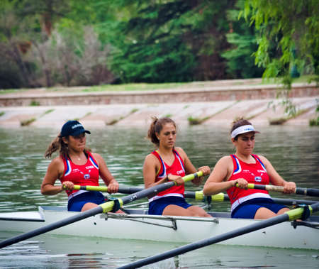 2021-02-11 - Girls rowing team of Mendoza Regatta Club training in the lake of San Martin park in Mendoza, Argentina.のeditorial素材