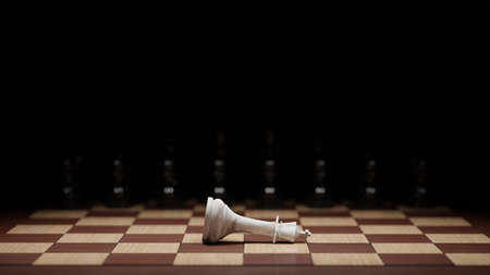 Fallen white chess king in front of the black opposing army. Defeat, failure, coup concept. Digital 3D rendering.の写真素材