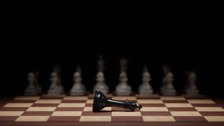 Fallen black chess king in front of the white opposing army. Defeat, failure, coup concept. Digital 3D rendering.の写真素材