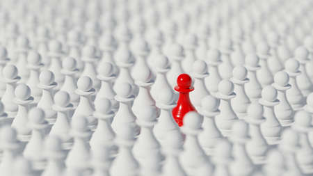 Single red chess pawn standing out among an army of white ones. Digital 3D rendering.の写真素材