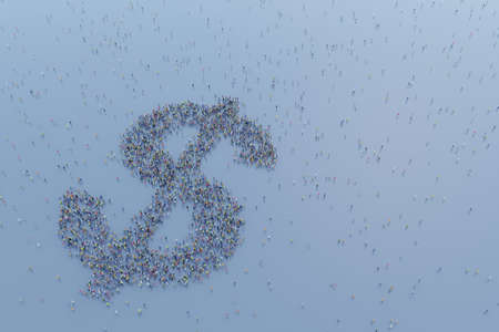 Crowd gathered in a dollar sign shape on blue background. Digital 3D rendering.の写真素材