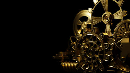 Golden clockwork mechanism, close up. Precision engineering, concept. Digital 3D rendering.の写真素材