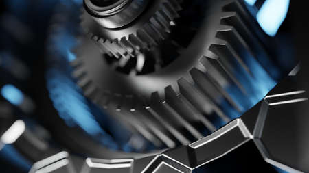 Steel gears from an engine gearbox, close up. High performance engines, concept. Digital 3D...
