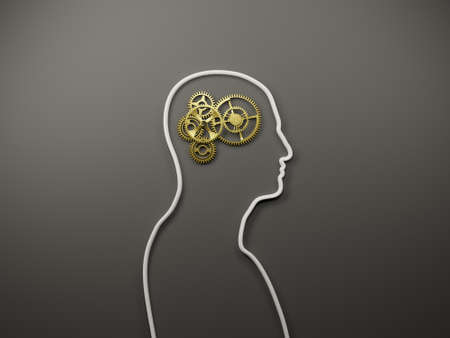 Intelligence, healthy mind, creativity concept. Golden clockwork mechanism inside a human silhoutte on gray background. Digital 3D rendering.の写真素材
