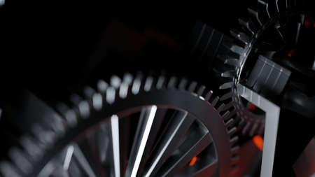 Steel gears from an engine gearbox, close up. High performance engines, concept. Digital 3D...