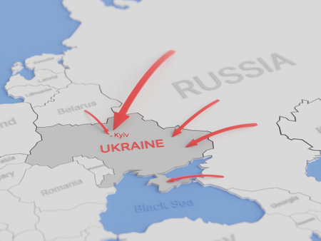Map of Ukraine showing the advance of the Russian invasion in March 2022. Digital 3D rendering.の写真素材
