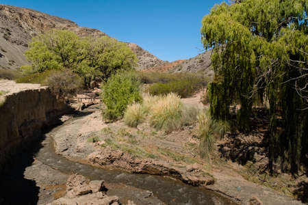 Narrow creek across the desert in natural reserve El Leoncito, located in the province of San Juan, Argentina.の写真素材