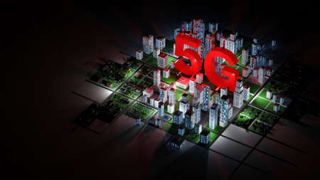 Clean modern city at night with 5G cellphone antennas, concept, background. Digital 3D rendering.