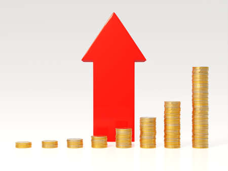 Inflation, prices rise concept. Coin stacks and red arrows representing the increase in the cost of living. Digital 3D rendering.の写真素材