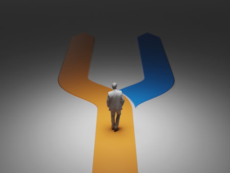Business decision, career strategy concept. Businessman deciding between two ways to take. Digital 3D rendering.の写真素材