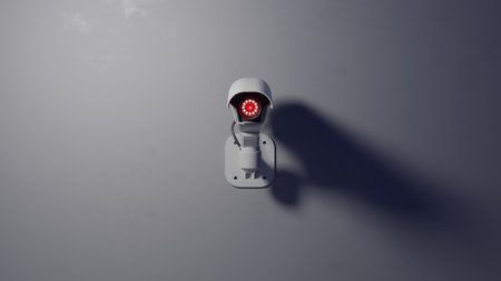 Surveillance camera lens glowing in dim light. Dark, ominous mood with negative space. Digital 3D...