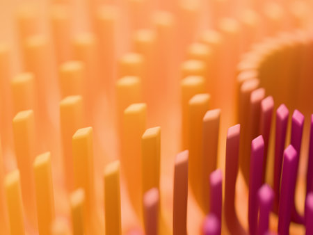 Abstract shapes in radial symmetry. Color gradient, orange, yellow, mauve. Digital 3D rendering.の写真素材