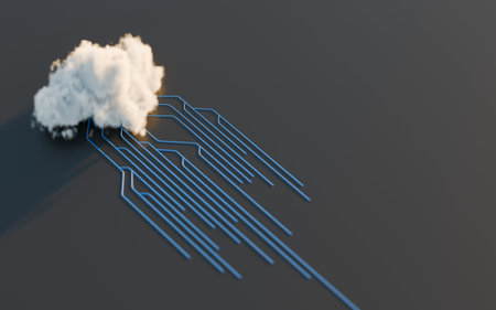 Cloud computing concept, computer network and cybersecurity. Digital 3D render. No AI.の写真素材