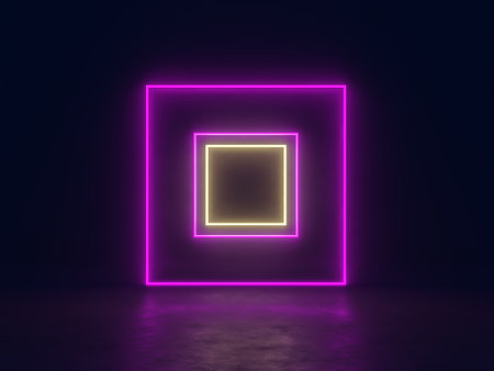 Neon frame background in the dark. Product showcase template. Digital 3D rendering.の写真素材