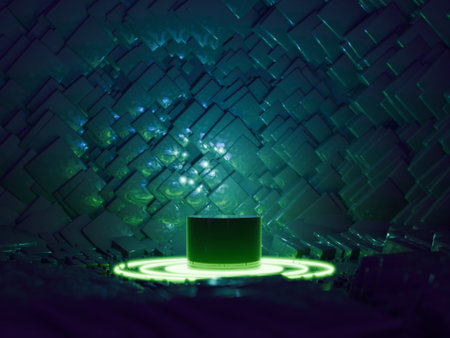 Product stand pedestal with neon lights in the dark, template. Digital 3D rendering.の写真素材