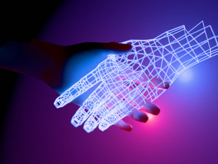 Shaking hands with artificial intelligence entity. Digital 3D render.の写真素材