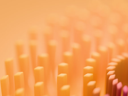 Abstract shapes in radial symmetry. Color gradient, orange, yellow, mauve. Digital 3D rendering.の写真素材