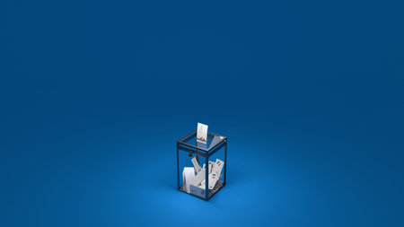 Balllot box with vote envelope on blue background. Ample negative space. Digital 3D render.の写真素材