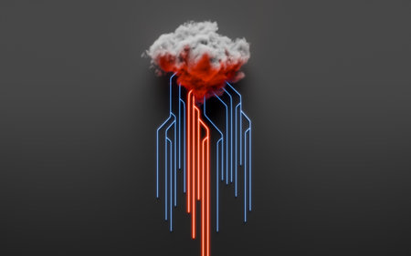 Cloud computing concept, computer network and cybersecurity. Digital 3D render. No AI.の写真素材